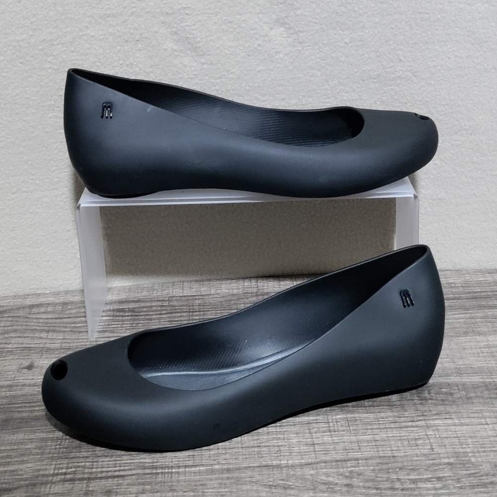 Melissa Ultragirl Jelly Ballet Flats Womens 9 Black Peep Toe Slip On EUC
